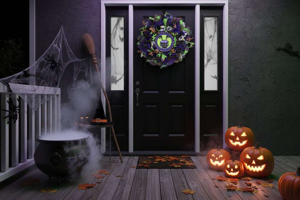 Halloween Witch Wreath for Front Door | Purple Green Deco Mesh Wreath | Spooky Cauldron Door Decor
