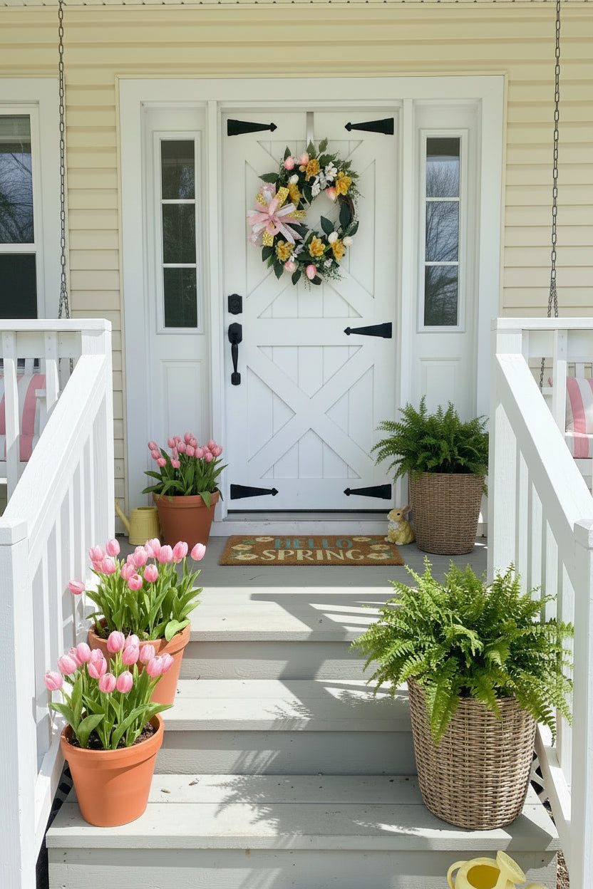 Spring Tulip Grapevine Wreath for Front Door | Pastel Spring Door Decor (Pink)