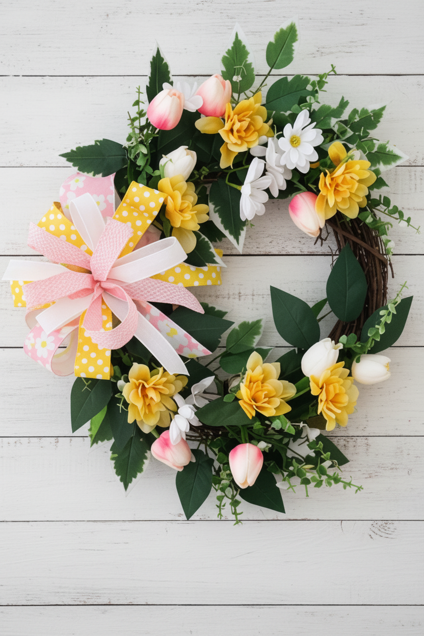 Spring Tulip Grapevine Wreath for Front Door | Pastel Spring Door Decor (Pink)