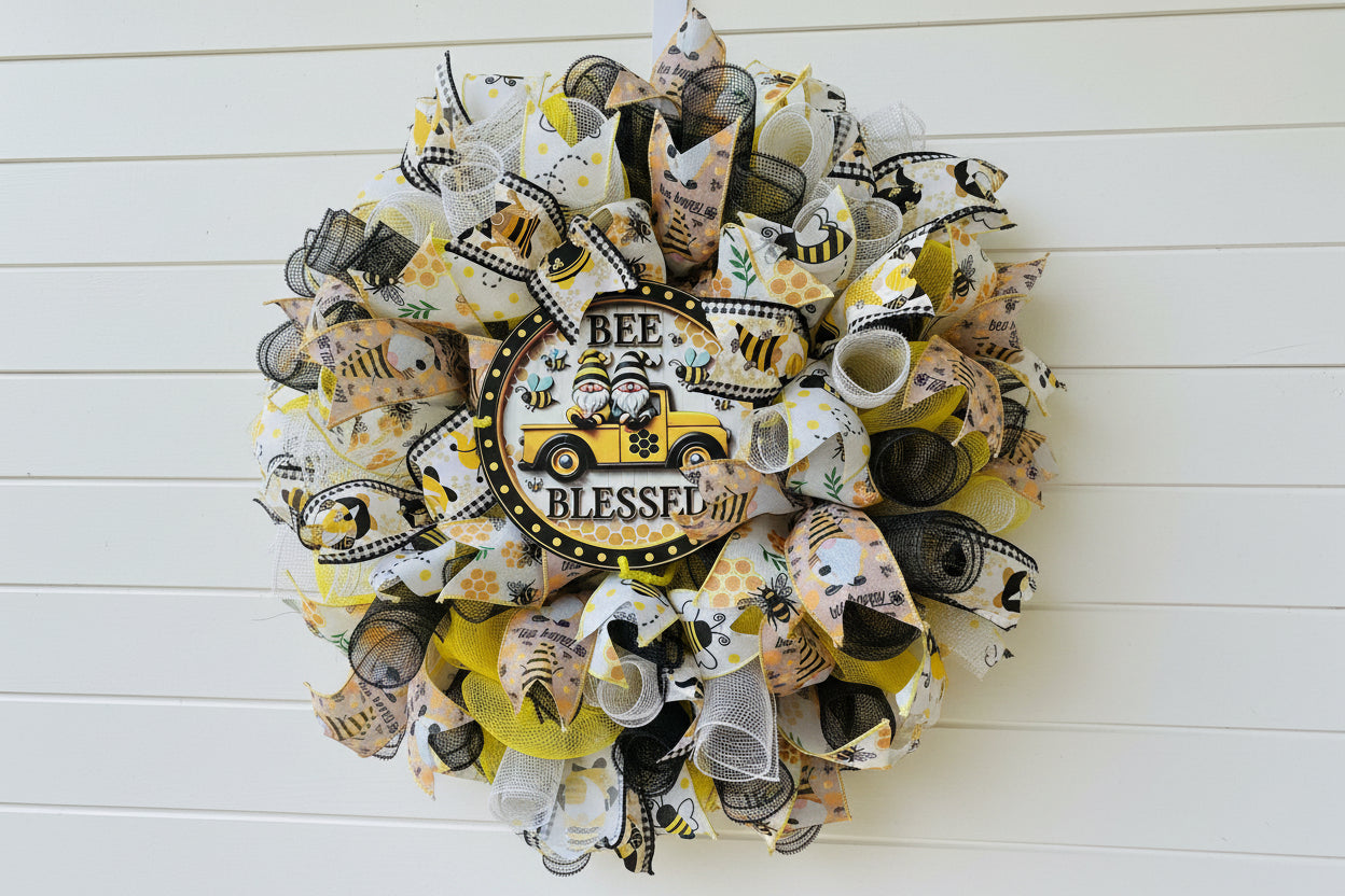 Bee Blessed Gnome Truck Mesh Wreath for Front Door | Whimsical Spring Summer Door Decor