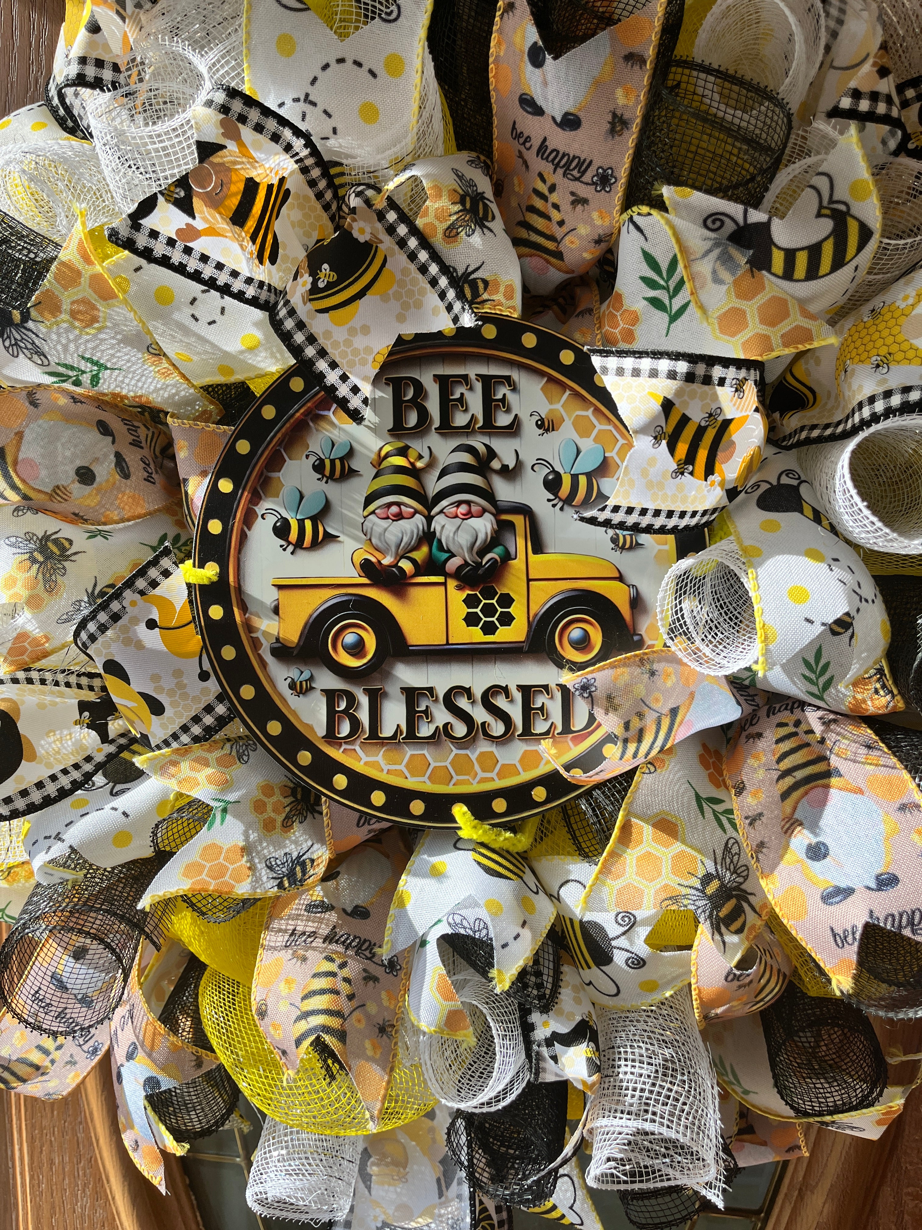Bee Blessed Gnome Truck Mesh Wreath for Front Door | Whimsical Spring Summer Door Decor
