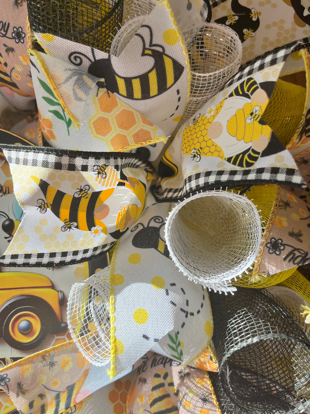 Bee Blessed Gnome Truck Mesh Wreath for Front Door | Whimsical Spring Summer Door Decor