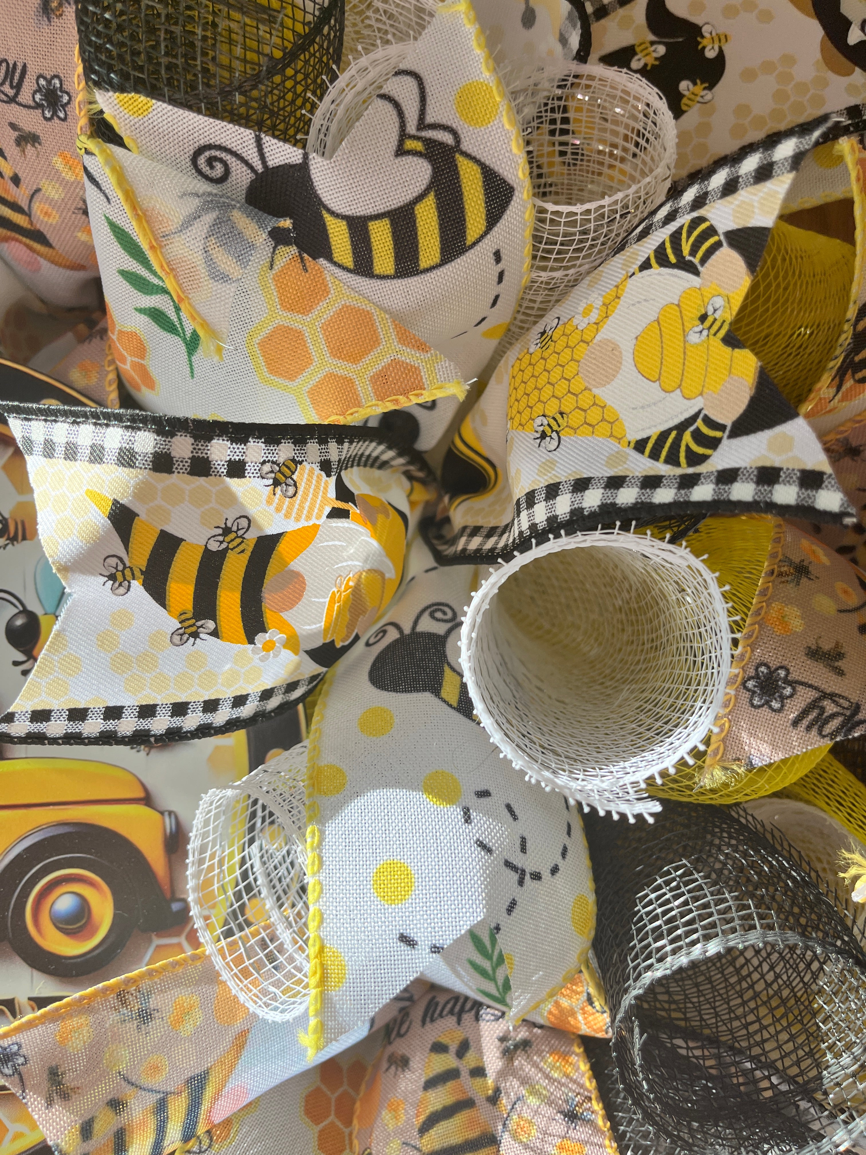 Bee Blessed Gnome Truck Mesh Wreath for Front Door | Whimsical Spring Summer Door Decor