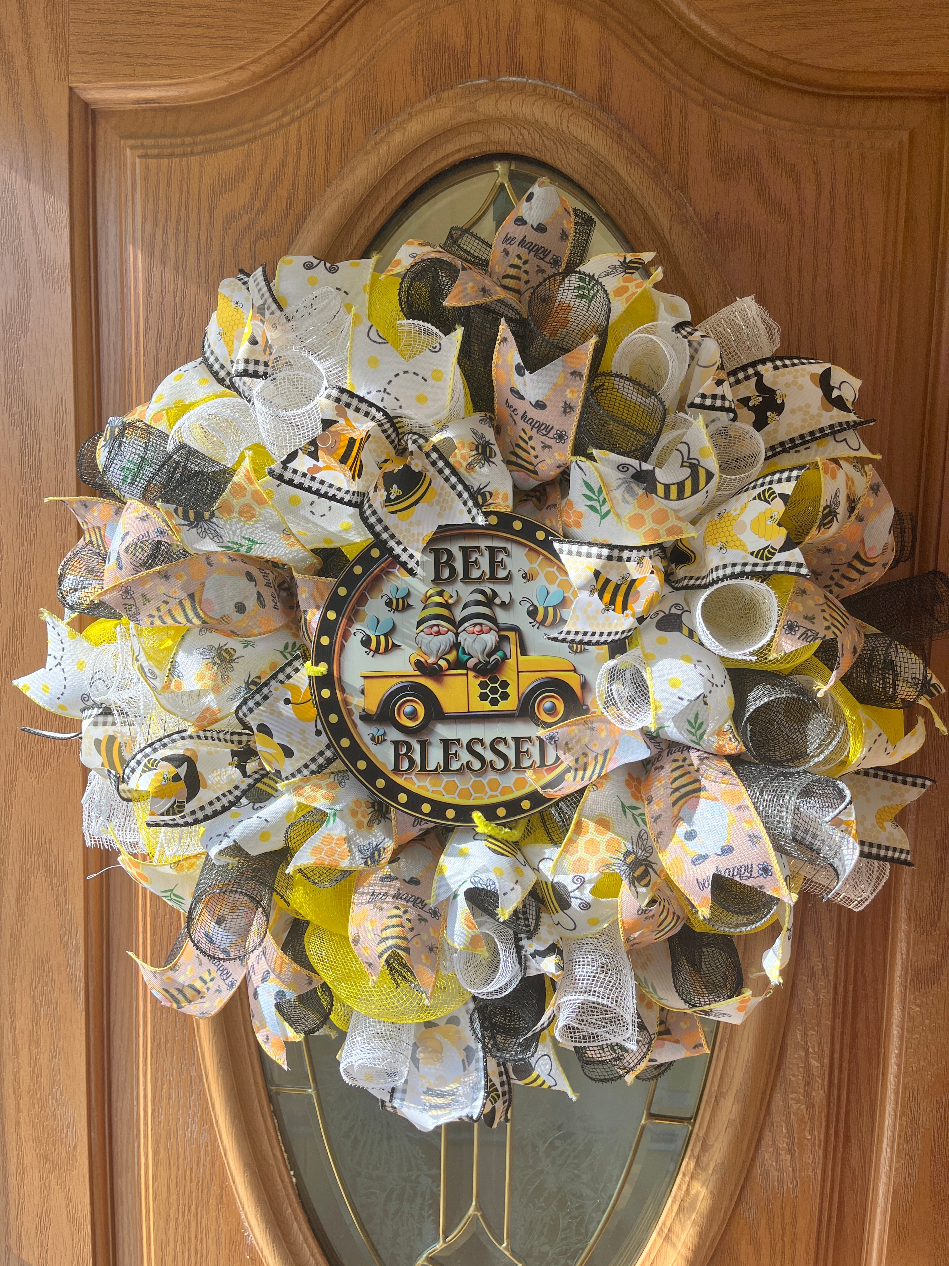 Bee Blessed Gnome Truck Mesh Wreath for Front Door | Whimsical Spring Summer Door Decor
