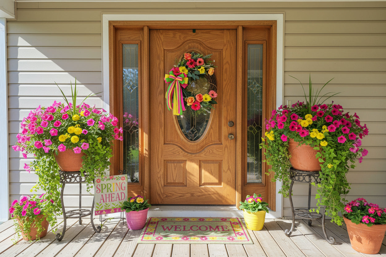 Handmade bright floral wreath with pink, yellow, and green flowers and a colorful striped bow, perfect for spring and summer front door decor.