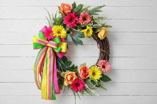 Handmade bright floral wreath with pink, yellow, and green flowers and a colorful striped bow, perfect for spring and summer front door decor.