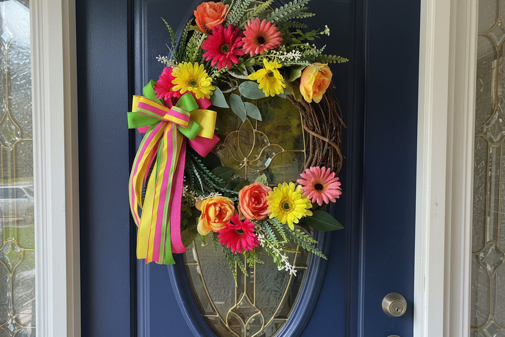 Handmade bright floral wreath with pink, yellow, and green flowers and a colorful striped bow, perfect for spring and summer front door decor.