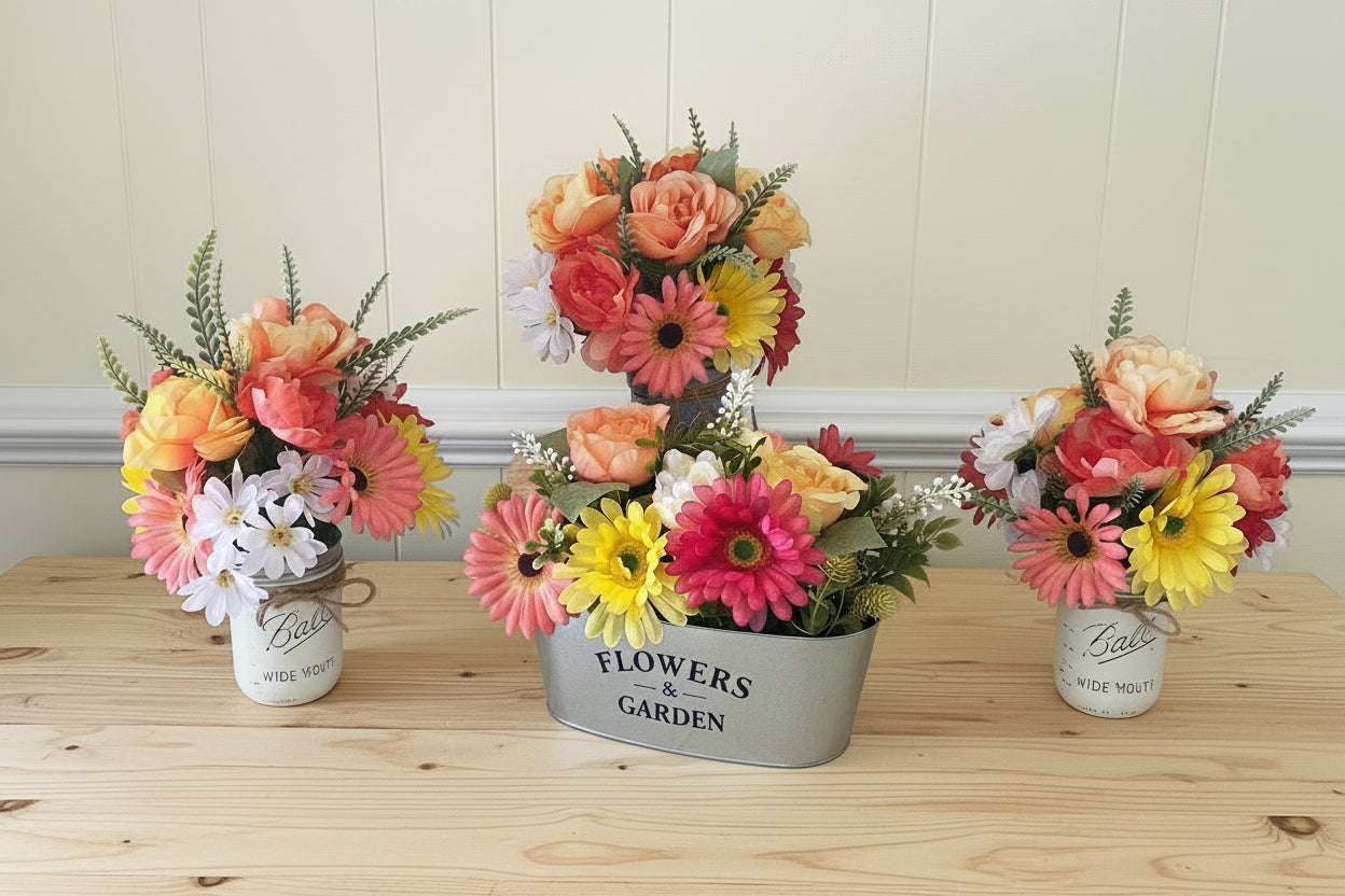 Table with floral arrangements in a room setting