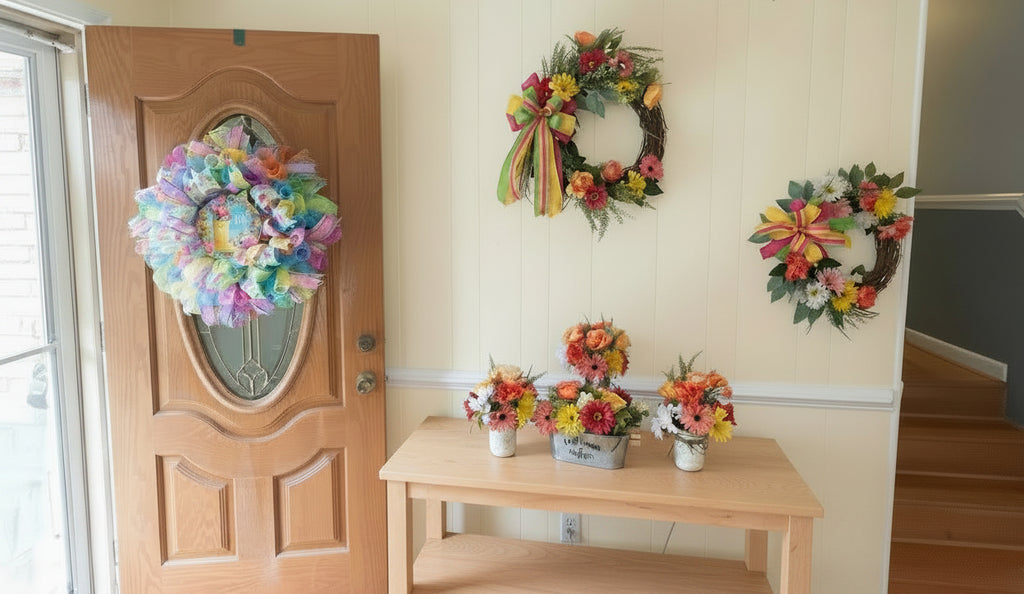 Decorative wreaths on a door and wall with a table displaying flowers in mason jars and a tin oval centerpiece container.