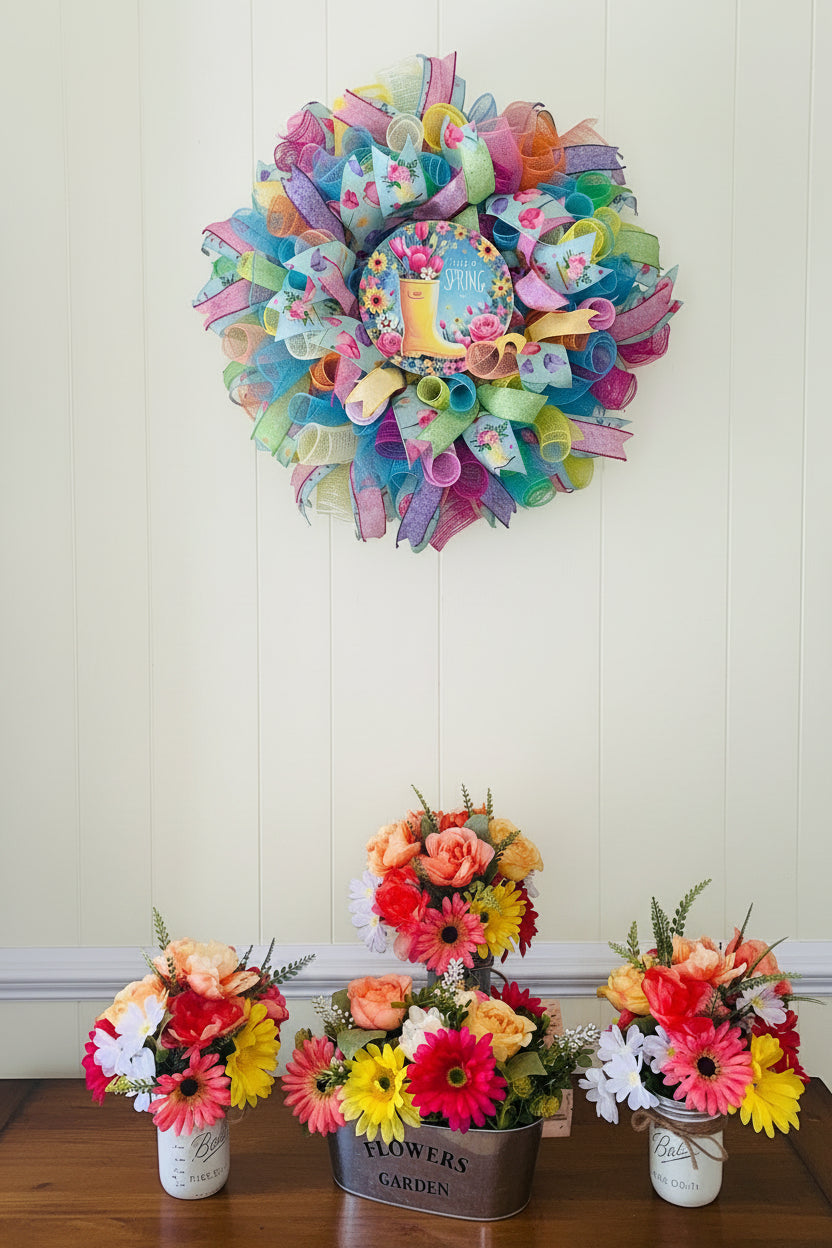 Colorful wreath with ribbons and flowers on a wall above a table with coordinating floral arrangements.