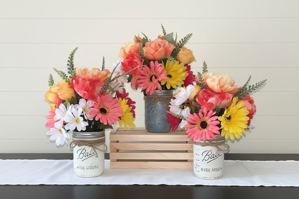 Colorful flower arrangements in painted mason jar vases on a table with a white wall background