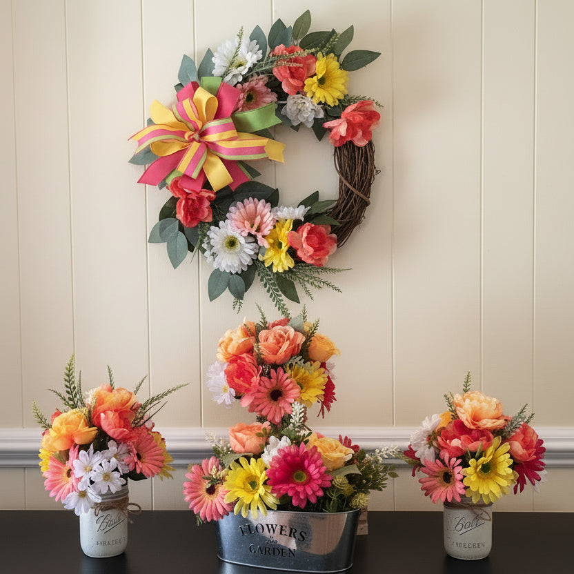 Bright Spring Garden Collection grapevine wreath with small bow with matching centerpiece and mason jar florals displayed on a dark wood table.