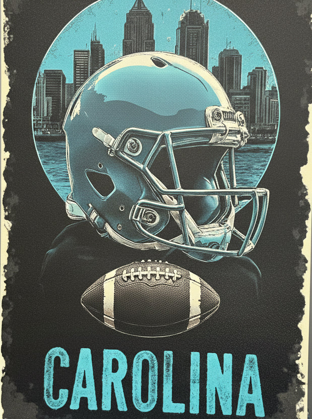 “Handmade Carolina football wreath featuring black, blue, and white mesh ribbon with a helmet and football sign, perfect for sports fan front door decor