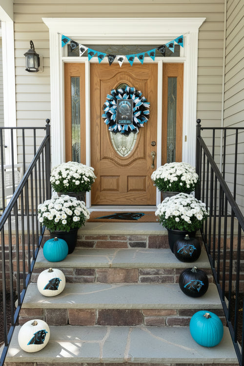 “Handmade Carolina football wreath featuring black, blue, and white mesh ribbon with a helmet and football sign, perfect for sports fan front door decor