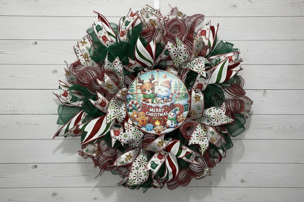 Whimsical Christmas Wreath with Gingerbread & Reindeer – Cozy Holiday Front Door Decor