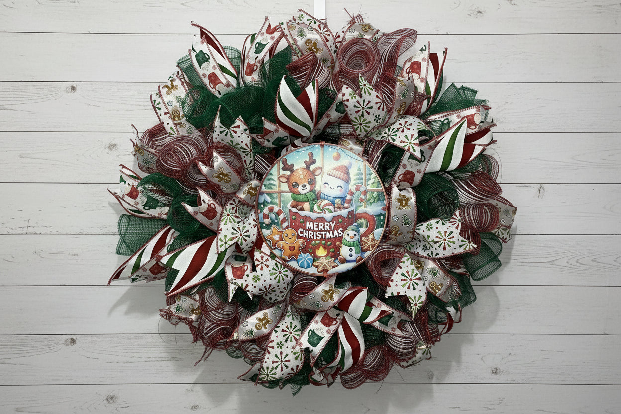 Whimsical Christmas Wreath with Gingerbread & Reindeer – Cozy Holiday Front Door Decor