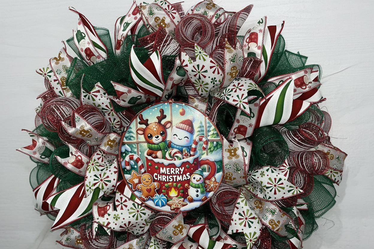 Whimsical Christmas Wreath with Gingerbread & Reindeer – Cozy Holiday Front Door Decor