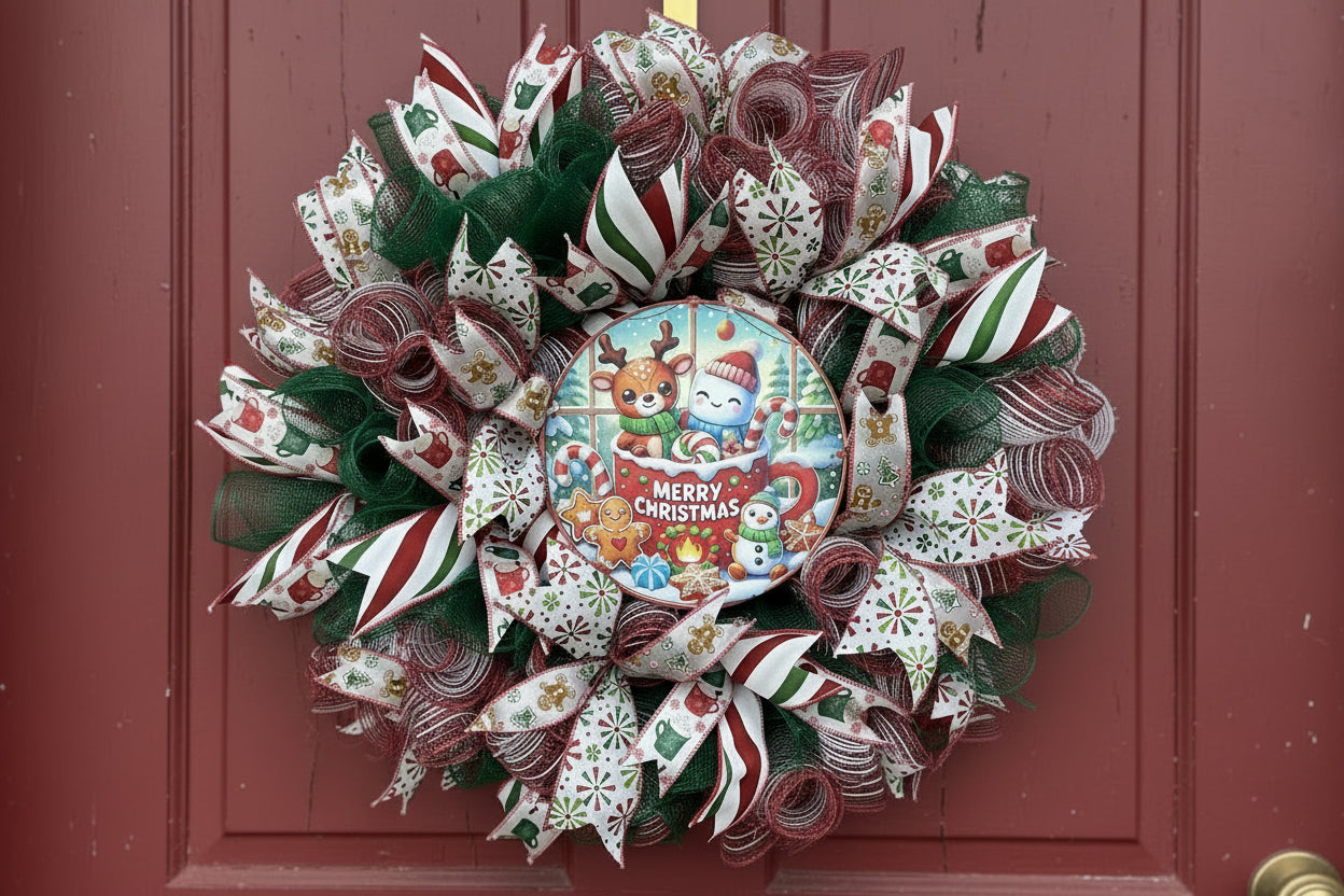 Whimsical Christmas Wreath with Gingerbread & Reindeer – Cozy Holiday Front Door Decor