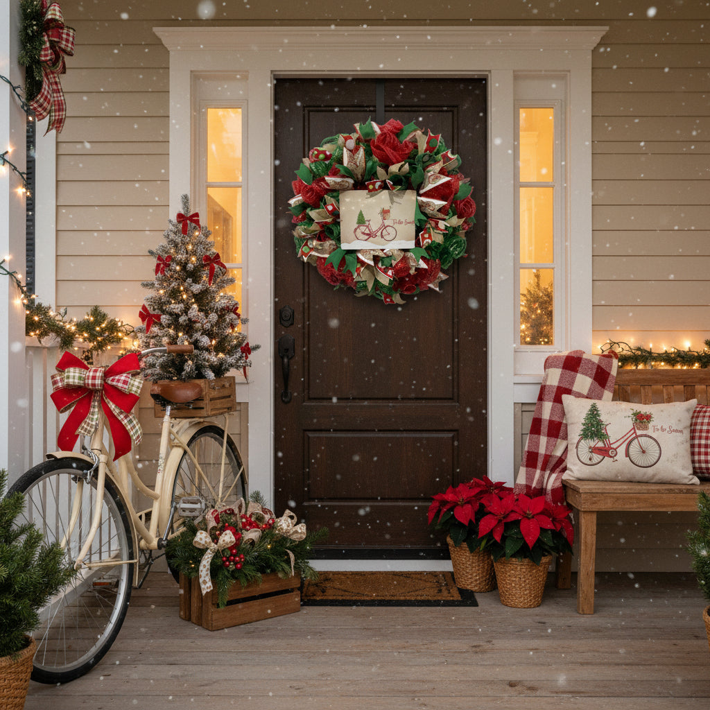 Handmade Christmas wreath with red and green mesh ribbon, featuring a vintage bicycle ‘Tis the Season’ sign for festive holiday front door decor.