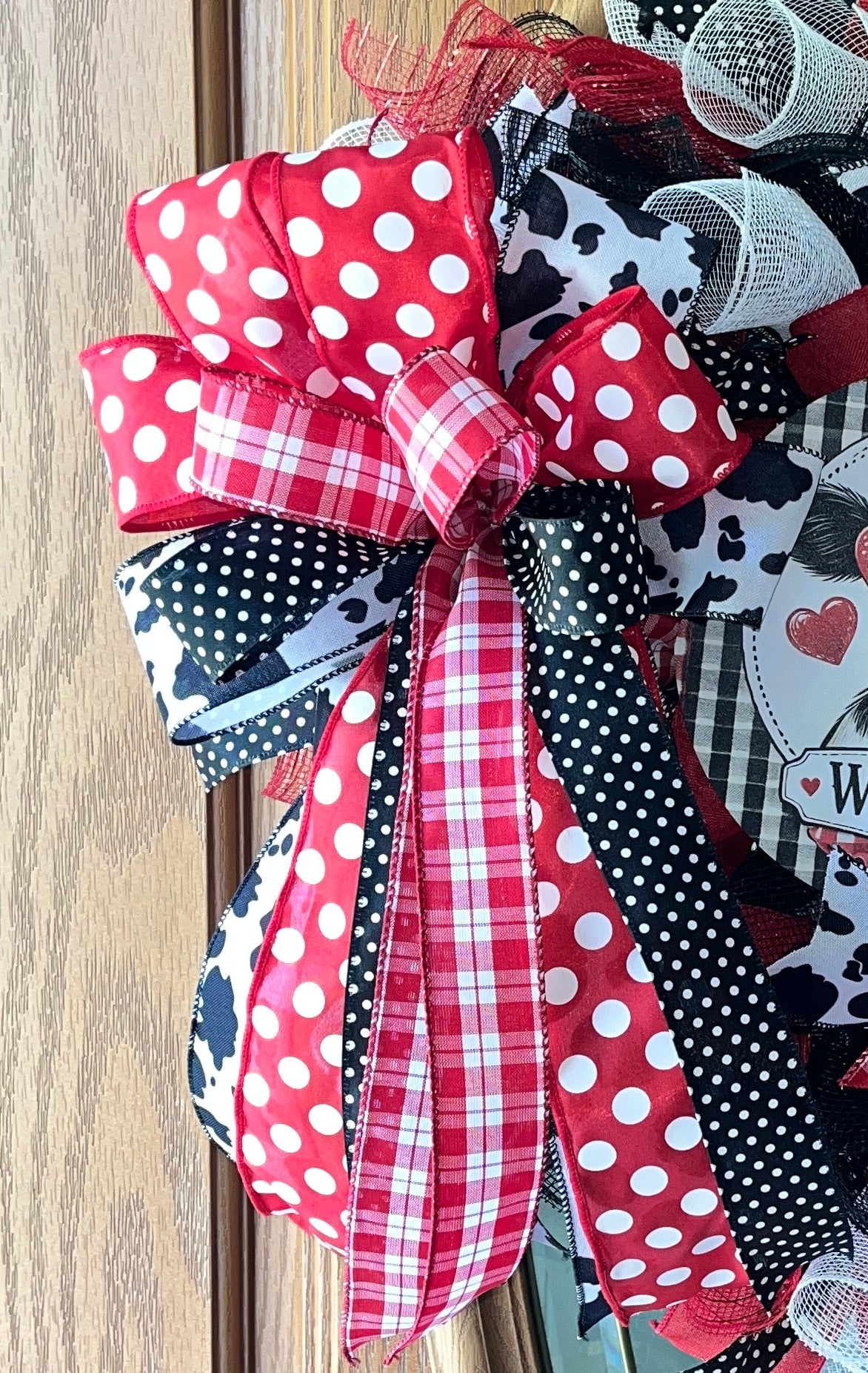Cow Welcome Wreath | Farmhouse Red Black White Front Door Decor