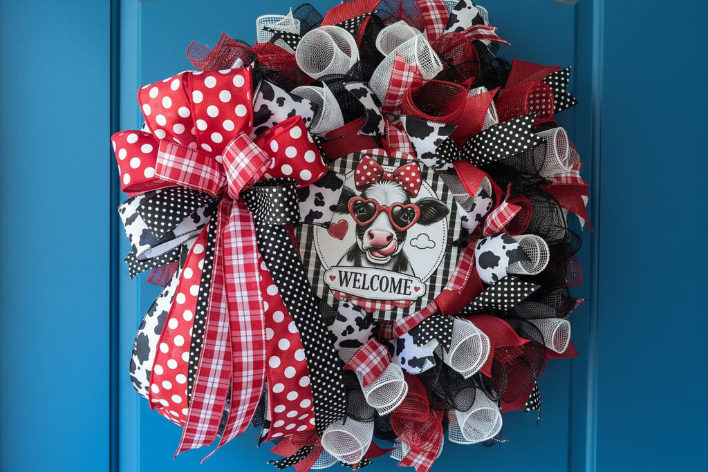 Cow Welcome Wreath | Farmhouse Red Black White Front Door Decor
