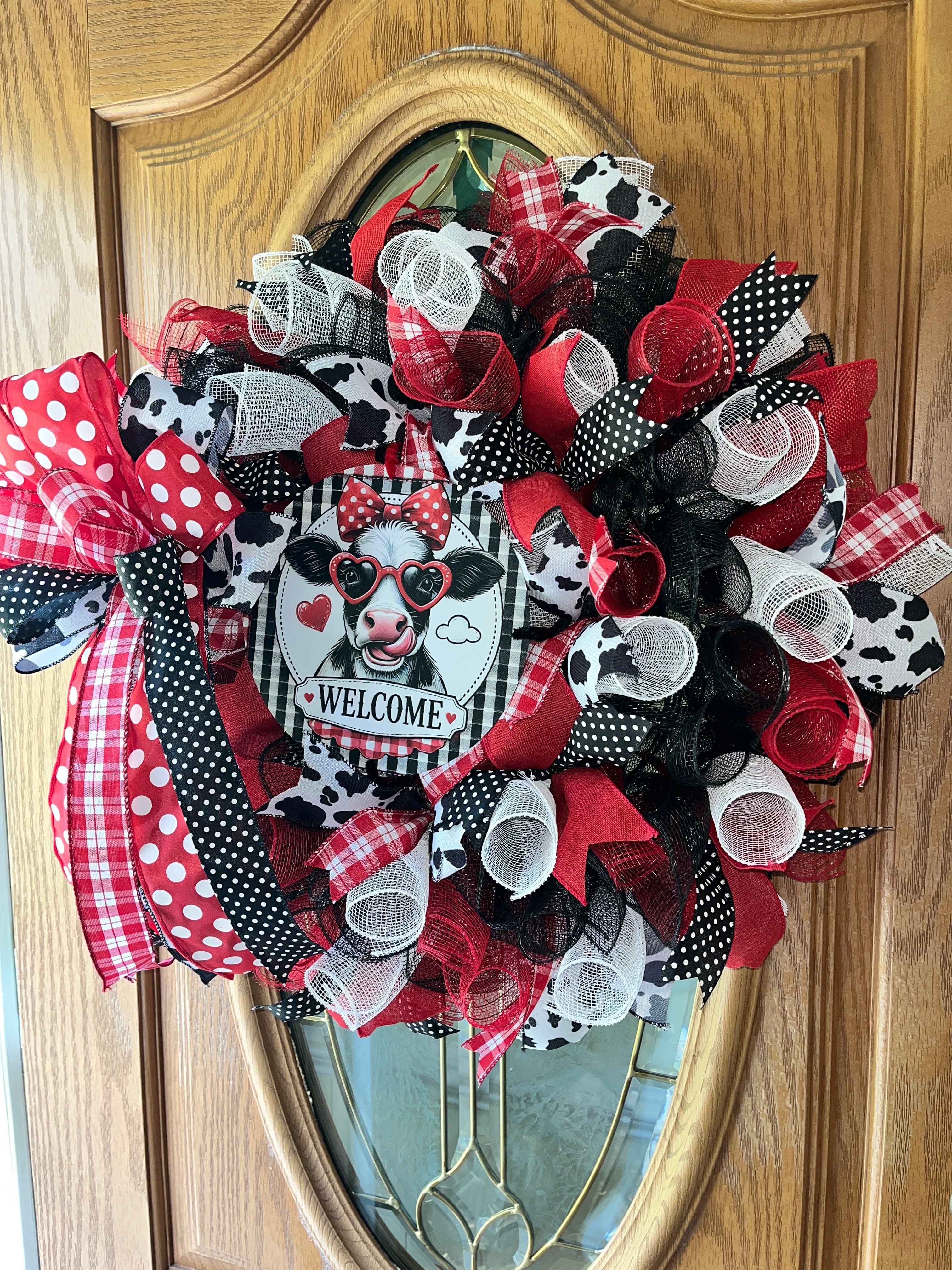 Cow Welcome Wreath | Farmhouse Red Black White Front Door Decor