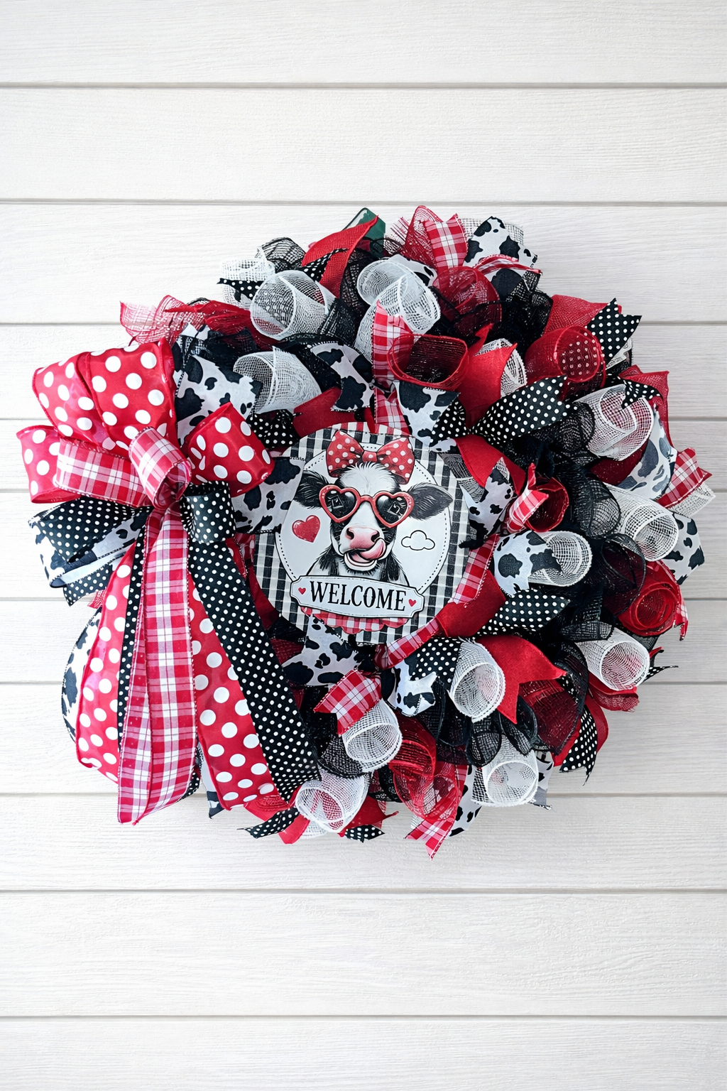 Cow Welcome Wreath | Farmhouse Red Black White Front Door Decor