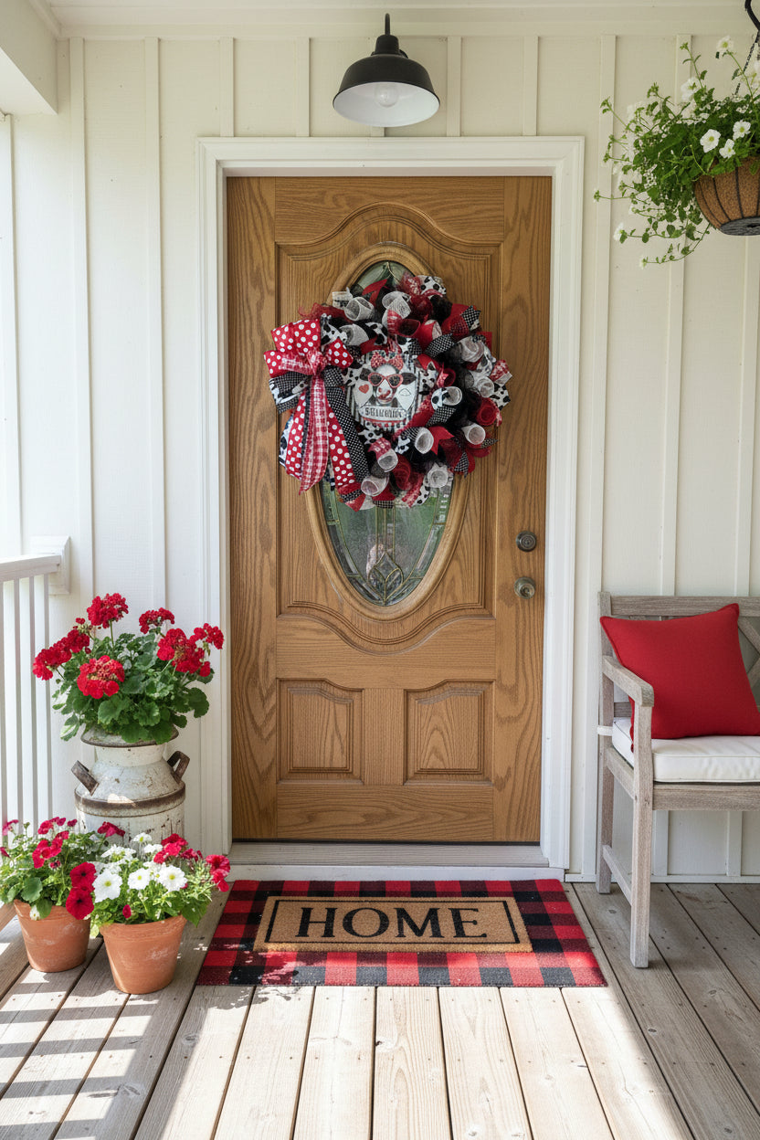 Cow Welcome Wreath | Farmhouse Red Black White Front Door Decor