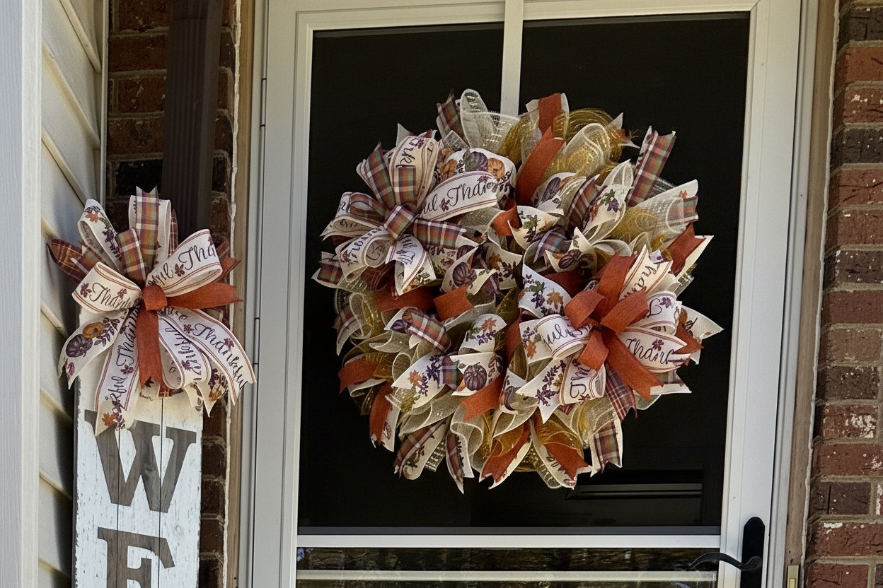 Handmade fall wreath with orange and gold mesh ribbon, featuring pumpkin and plaid accents with ‘Thankful’ wording for autumn front door decor.