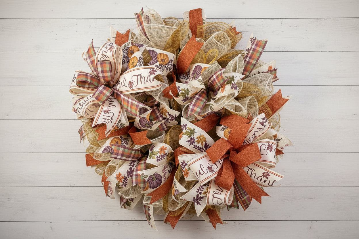 Handmade fall wreath with orange and gold mesh ribbon, featuring pumpkin and plaid accents with ‘Thankful’ wording for autumn front door decor.