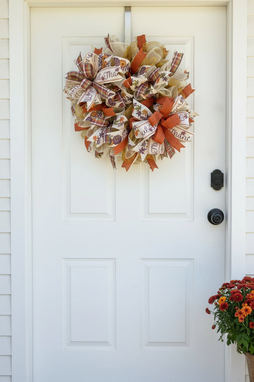 Handmade fall wreath with orange and gold mesh ribbon, featuring pumpkin and plaid accents with ‘Thankful’ wording for autumn front door decor.