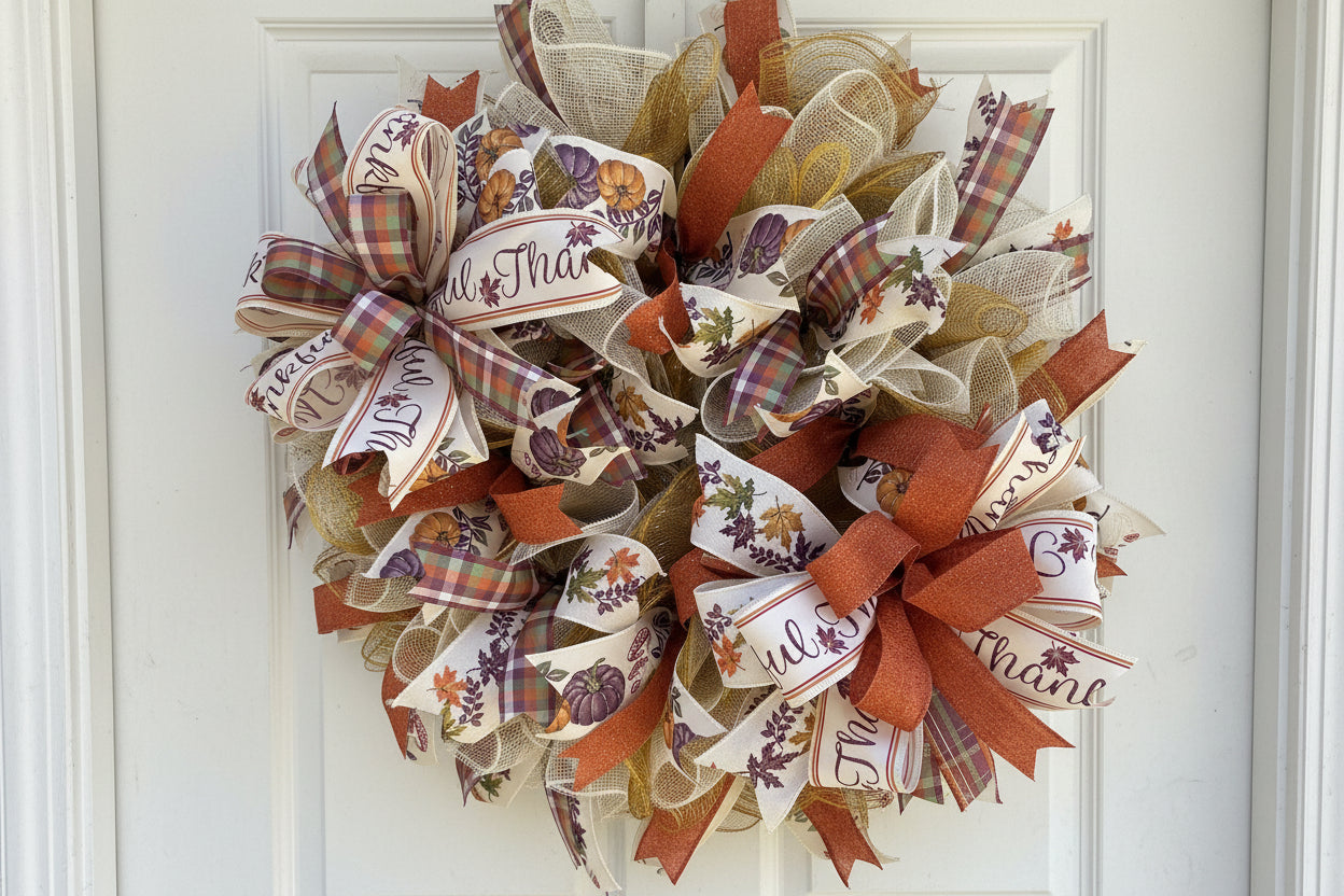 Handmade fall wreath with orange and gold mesh ribbon, featuring pumpkin and plaid accents with ‘Thankful’ wording for autumn front door decor.
