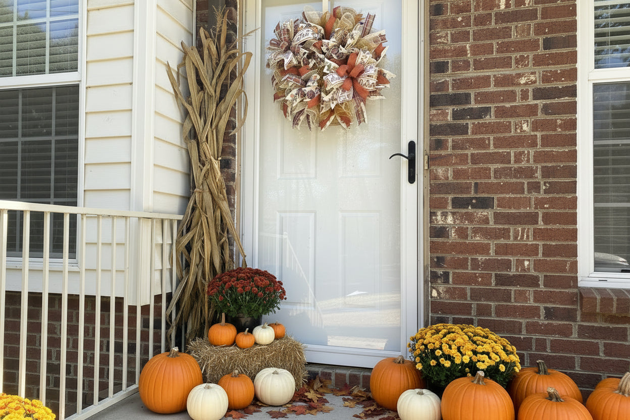 Handmade fall wreath with orange and gold mesh ribbon, featuring pumpkin and plaid accents with ‘Thankful’ wording for autumn front door decor.