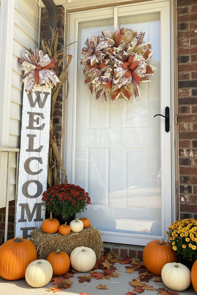 Handmade fall wreath with orange and gold mesh ribbon, featuring pumpkin and plaid accents with ‘Thankful’ wording for autumn front door decor.