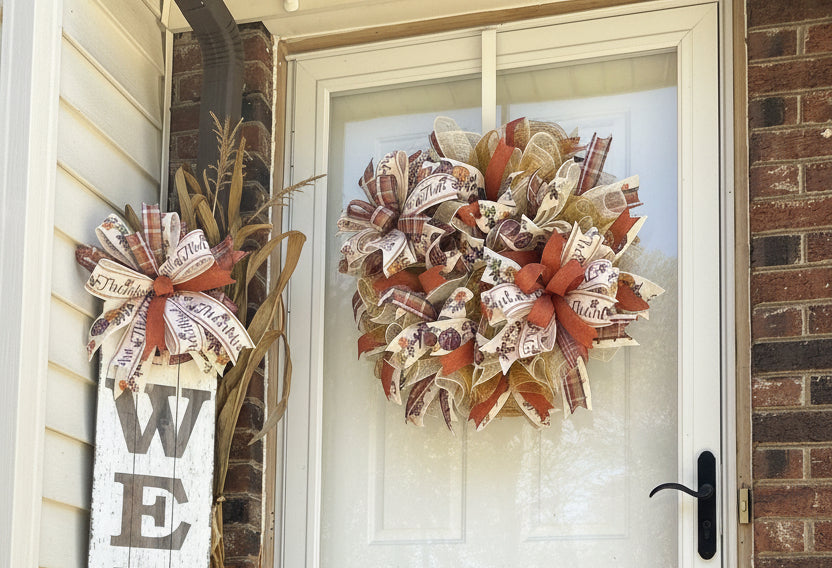 Thanksgiving Fall Mesh Wreath for Front Door | Orange Plaid Fall Door Decor | Thankful Wreath