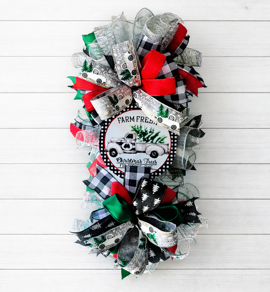 Rustic Christmas Swag Wreath for Front Door | Buffalo Check Old Truck Gray Red Black White Christmas Door Decor