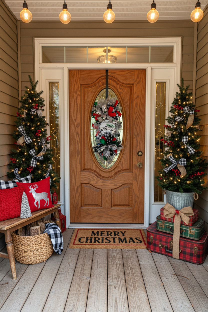 Handmade vertical Christmas swag featuring a vintage farmhouse truck with Christmas tree, accented with red, green, and buffalo check ribbon for front door decor.