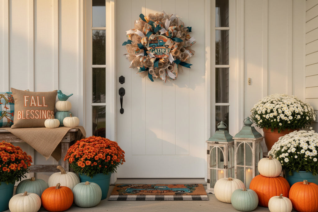 Handmade farmhouse fall wreath with burlap mesh, teal and white ribbon, featuring a vintage truck and ‘Gather’ sign for autumn front door decor.