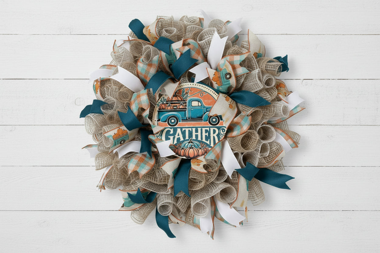 Handmade farmhouse fall wreath with burlap mesh, teal and white ribbon, featuring a vintage truck and ‘Gather’ sign for autumn front door decor.