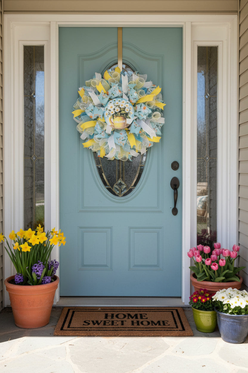 Handmade spring and summer wreath with blue and yellow mesh ribbon, featuring a daisy-filled welcome sign for cheerful front door decor.