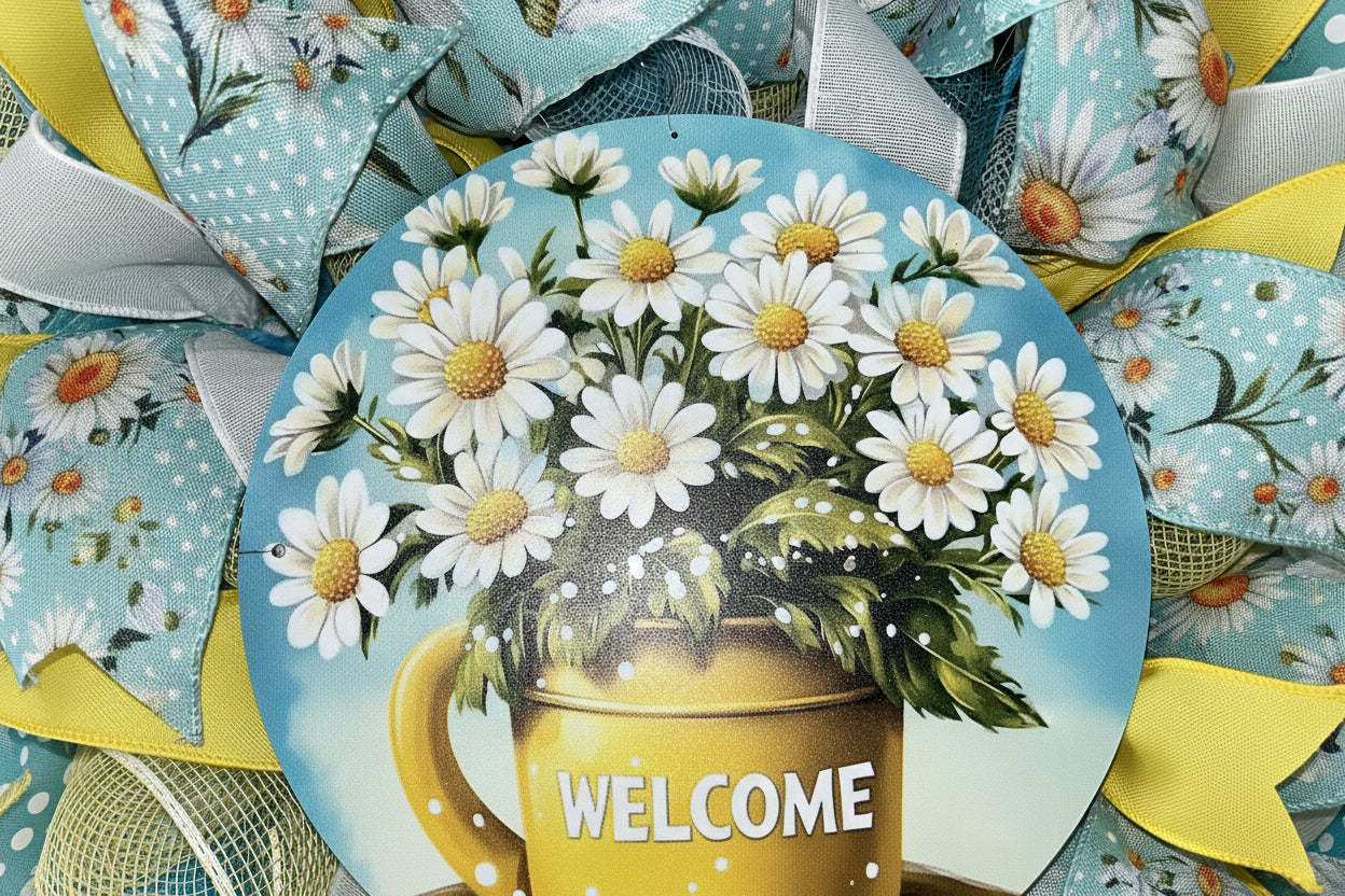 “Handmade spring and summer wreath with blue and yellow mesh ribbon, featuring a daisy-filled welcome sign for cheerful front door decor.”