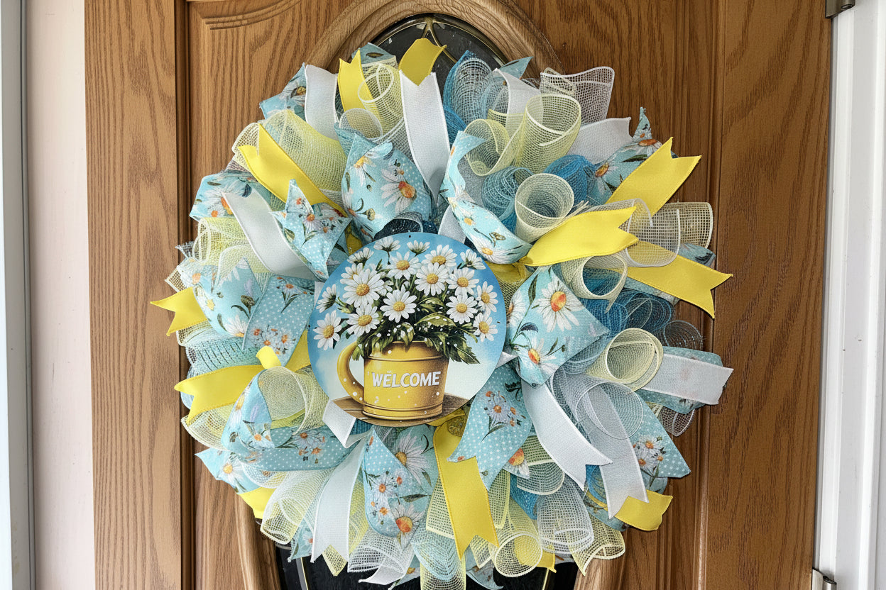Handmade spring and summer wreath with blue and yellow mesh ribbon, featuring a daisy-filled welcome sign for cheerful front door decor.