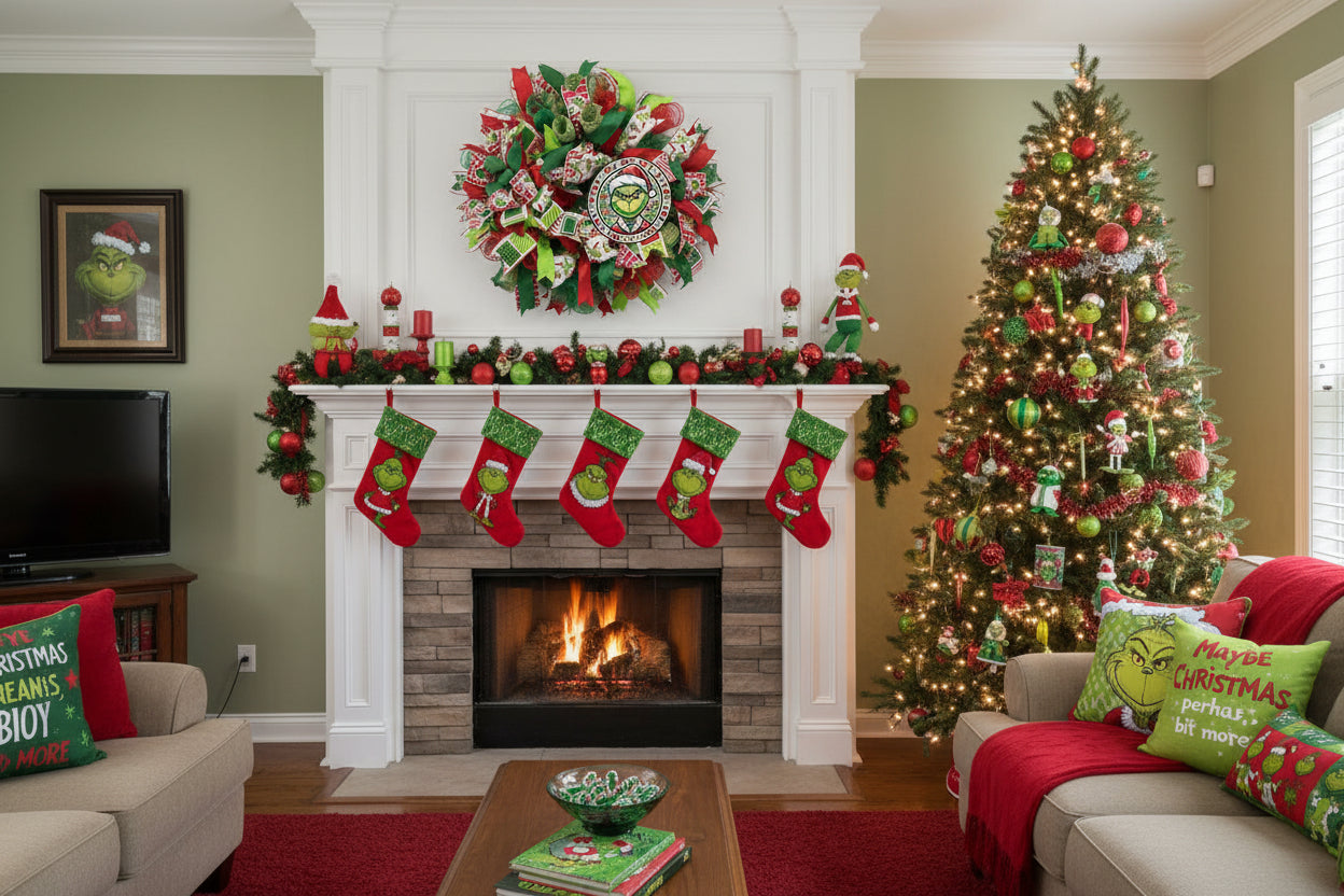 Handmade red and green Christmas wreath with a whimsical Grinch-inspired face sign, featuring festive ribbon and mesh for holiday front door decor