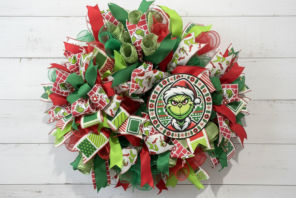 Handmade red and green Christmas wreath with a whimsical Grinch-inspired face sign, featuring festive ribbon and mesh for holiday front door decor.