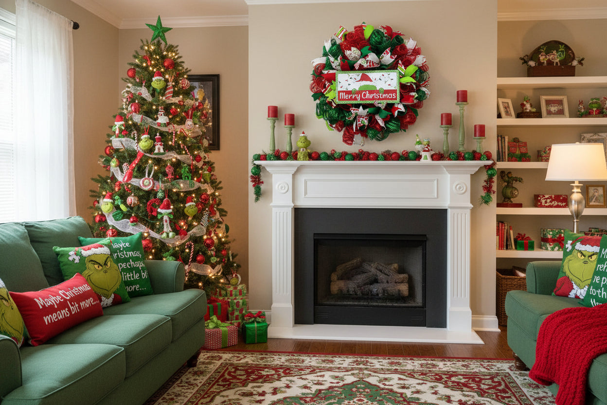 Handmade red and green Christmas wreath with a ‘Merry Christmas’ sign and whimsical Grinch-inspired design for festive front door decor.