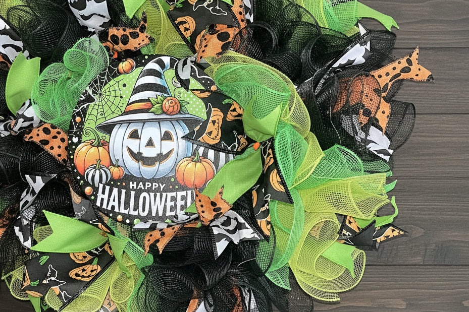 Pumpkin Witch Hat Wreath for Front Door | Green Black Halloween Decor | Happy Halloween Wreath