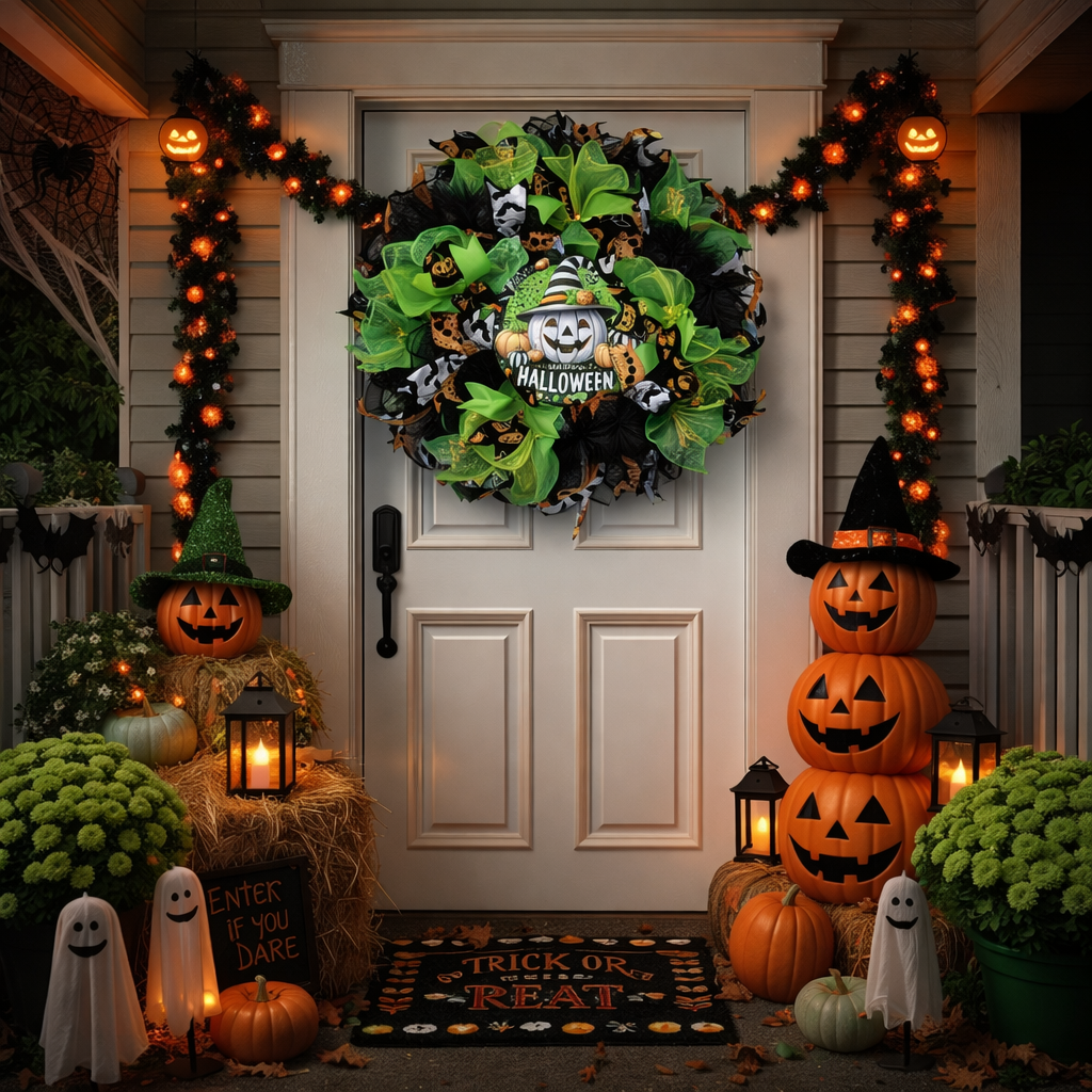 Halloween-themed decorations on a door with pumpkins, wreath, and garland.