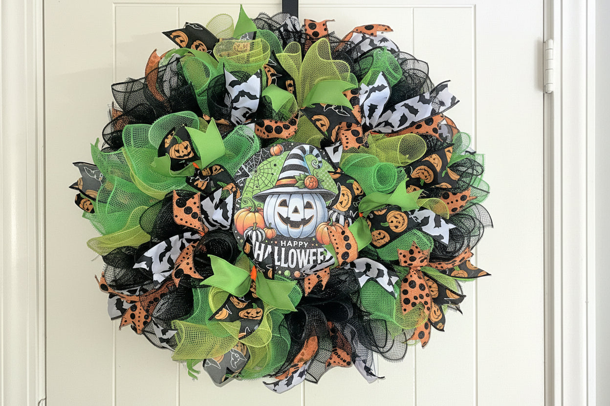Halloween-themed wreath with green, black, and orange decorations on a white background