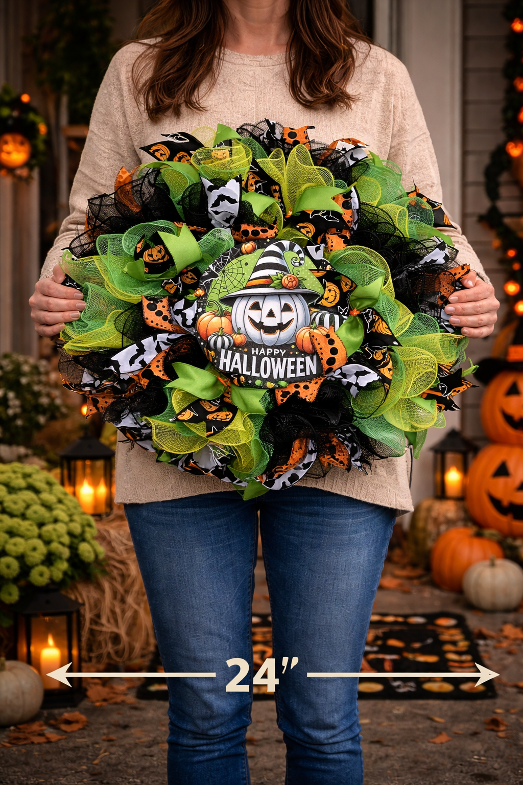 Person holding a Halloween wreath with decorative elements and pumpkins in the background.