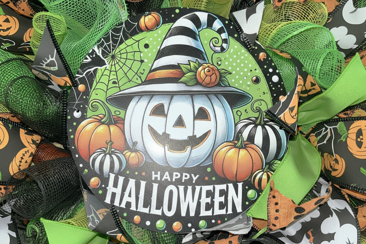 Halloween-themed decorative item with pumpkins, a witch hat, and 'Happy Halloween' text on a green and black background.